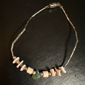 Vintage Silver, White Shell & Turquoise Bracelet